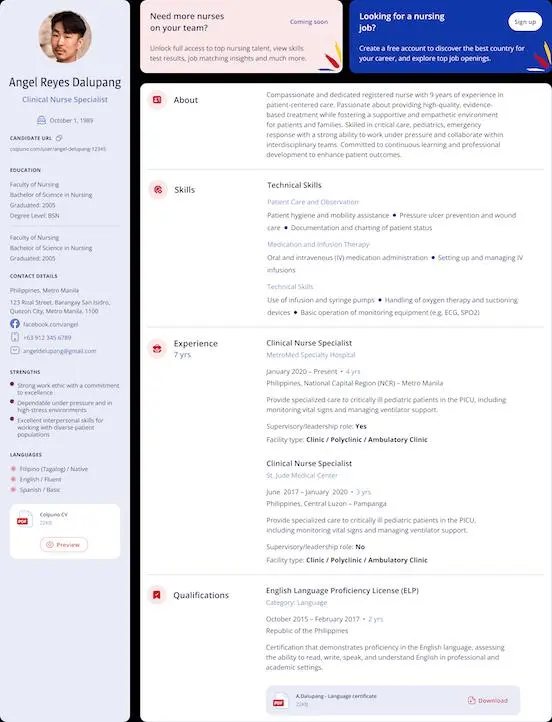 COLPUNO Nurse Profile (portfolio-style view)