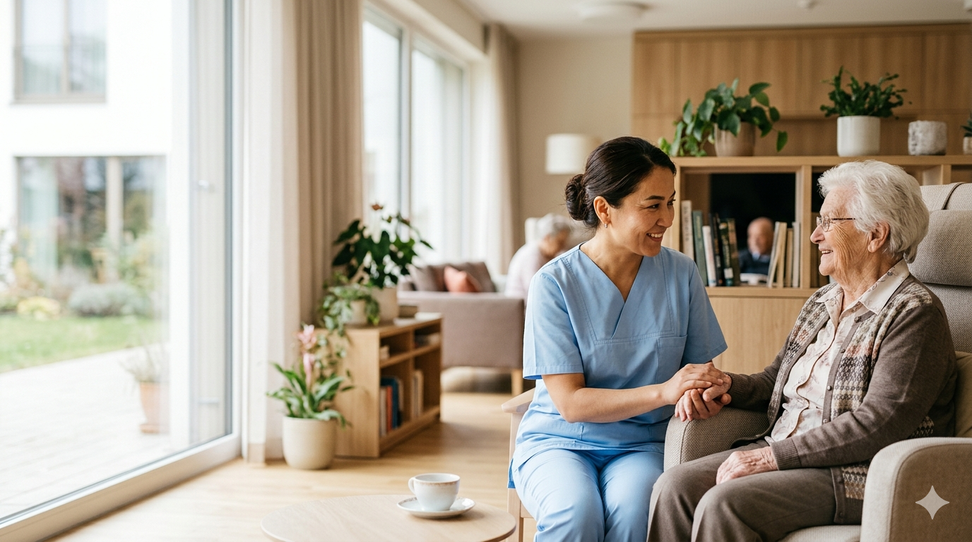 A nurse with an elderly resident in a care home